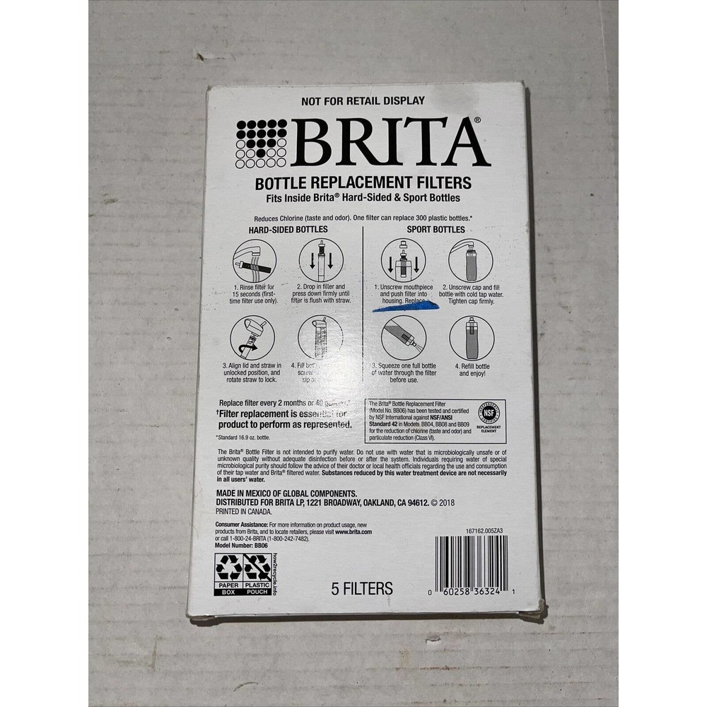 Brita Bottle Replacement Hard Sided Sport 5 Filters •Model BB06•